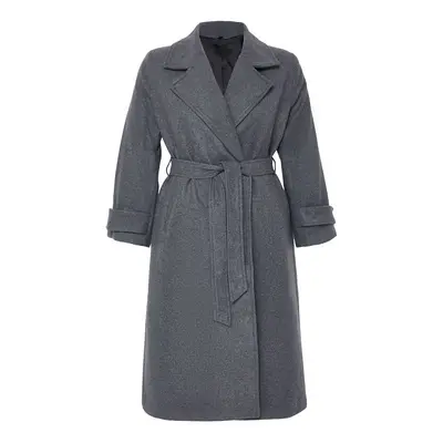 Trendyol Curve Grey Regular Fit Wide Collar Detailed Long Wool Blend Cashmere Coat