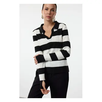 Trendyol Black Striped Sleeve Detailed Polo Neck Knitwear Sweater