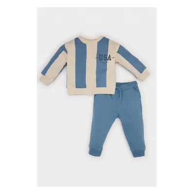 DEFACTO Baby Boy 2-Piece Set Striped Crew Neck Printed Sweatshirt Elastic Waist Tracksuit Bottom