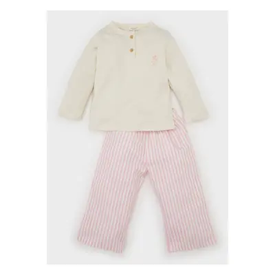 DEFACTO Baby Girl Pajama Set Woven Twill Crew Neck Long Sleeve Top Striped Bottom