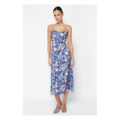 Trendyol Blue Floral A-line Strap Midi Woven Dress