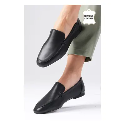 Mio Gusto Aria Genuine Leather Black Color Flat Toe Women's Loafer Shoes