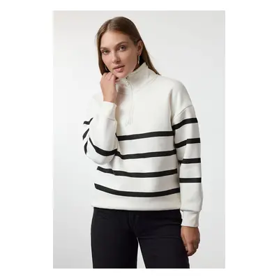 Trendyol Ecru Zipper Detailed Striped Regular/Normal Pattern Knitted Sweatshirt