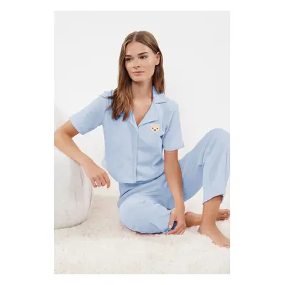 Trendyol Light Blue Teddy Bear Embroidered Ribbed Knitted Pajama Set