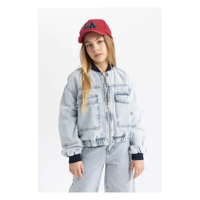 DEFACTO Girls College Collar Zippered Pocket Seasonal Light Thin Jean Bomber Jacket