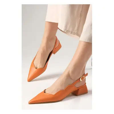 Mio Gusto Marsha Orange Color Open Back Women's Short Heeled Shoes with Buckle in the Side.