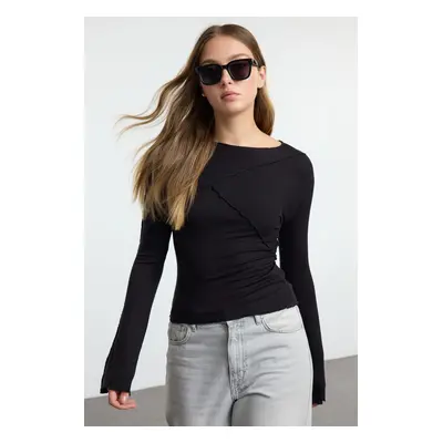 Trendyol Black Ribbed Detailed Fitted/Fits-Your-Body Spanish Sleeve Knitted Blouse