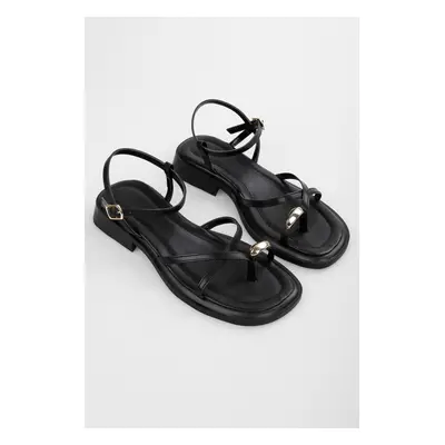 Shoeberry Women's Bianca Black Gold Buckle Sandals