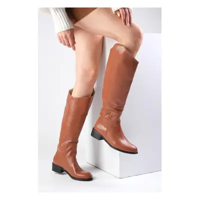 Mio Gusto Krista Tan Color Zipperless Thin Fur Lined Women's Short Heeled Boots