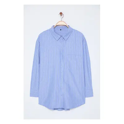 Trendyol Curve Blue Striped Boyfriend Plus Size Woven Shirt