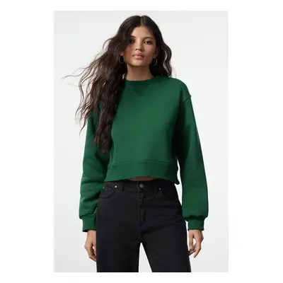 Trendyol Green Thick Fleece Relaxed/Wide Fit Crop Basic Knitted Sweatshirt