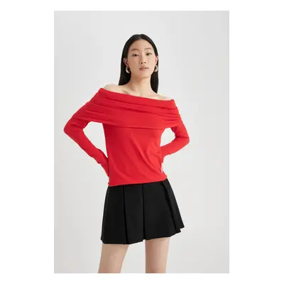 DEFACTO Fitted Open Shoulder Knitwear Red Sweater