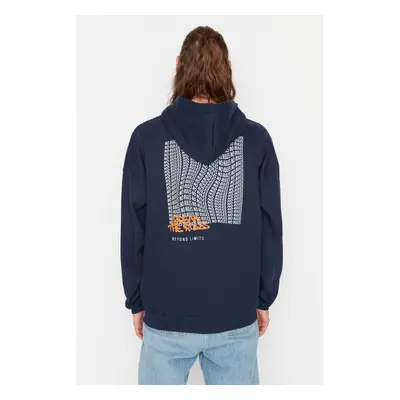 Trendyol Navy Blue Oversize/Wide Cut Text Printed Inside Polar Fleece/Warm Sweater