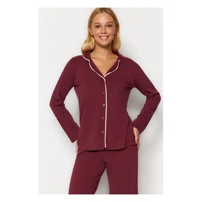 Trendyol Burgundy Cotton Piping Detailed Shirt-Pants Knitted Pajamas Set