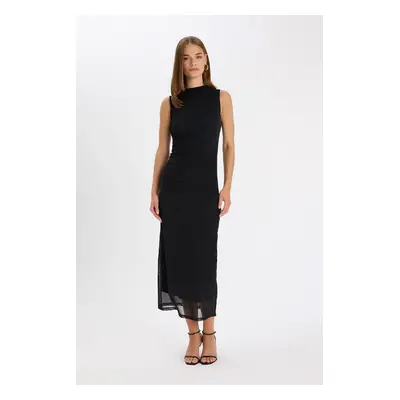 DEFACTO Bodycon Bodycon Half Turtleneck Basic Plain Tulle Sleeveless Maxi Black Dress C3519ax24a