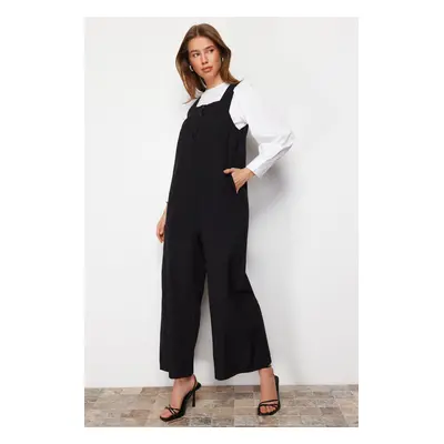 Trendyol Black Thick Straps, Button Detailed, Wide Leg, Woven Overalls