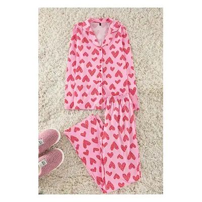 Trendyol Pink 100% Cotton Leopard Heart Patterned Shirt Pants Knitted Pajama Set