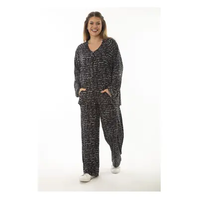 Şans Women's Plus Size Black Woven Viscose Fabric Front Zippered Blouse and Pants Double Suit