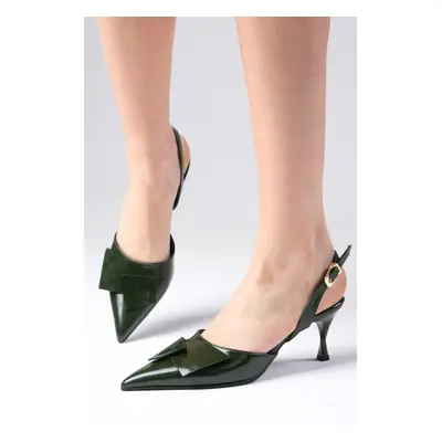 Mio Gusto Josephine Genuine Patent Leather Oil Green Color Open Back Women's Heeled Shoes