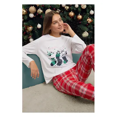 Trendyol White-Multicolored 100% Cotton Christmas Themed Plaid Knitted Pajama Set