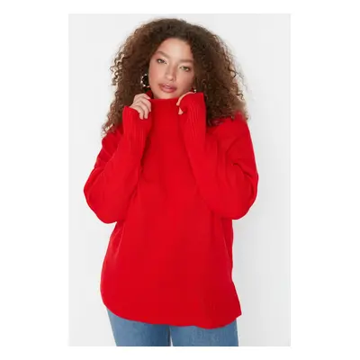 Trendyol Curve Red Turtleneck Off Shoulder Knitwear Sweater