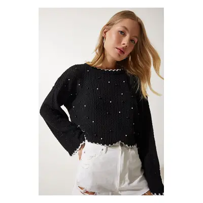 Happiness İstanbul Women's Black Pearls Openwork Seasonal Crop Knitwear Sweater