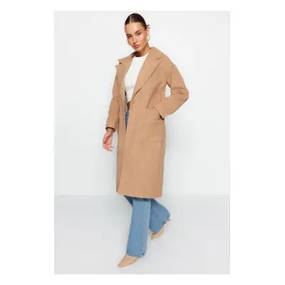 Trendyol Beige Oversize široký střih dlouhý vlněný kabát