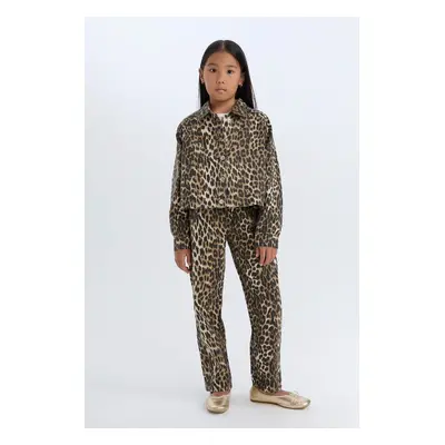 DEFACTO Girls Leopard Patterned 90's Wide Leg Straight Leg Gabardine Trousers