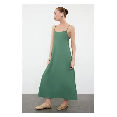 Trendyol Green Adjustable Straps Square Neck A-Line Crepe/Textured Knit Maxi Dress