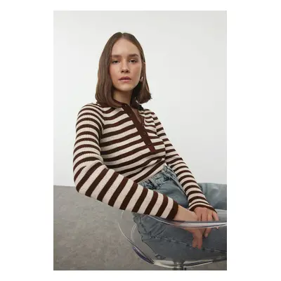 Trendyol Brown Polo Neck Basic Striped Knitwear Sweater