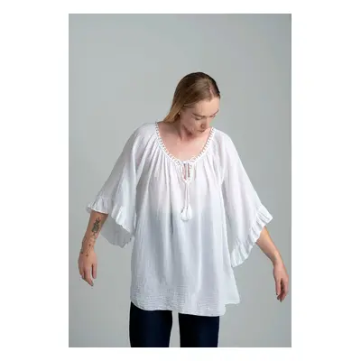 White airy boho blouse oversize with tassel