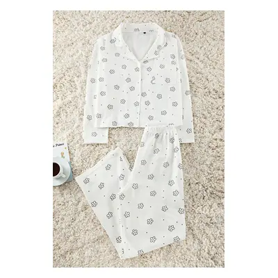 Trendyol White Cotton Floral Covered Pocket Detailed Knitted Pajama Set