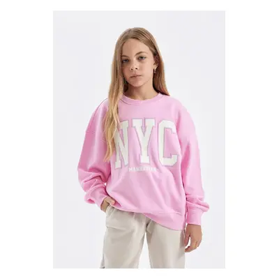 DEFACTO Girl Pink Oversize Wide Pattern Crew Neck Printed School Sweatshirt