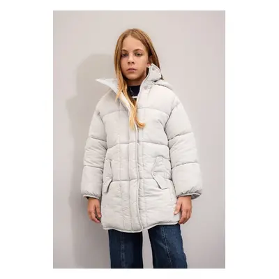 DEFACTO Girls Water Repellent Hooded Lightweight Long Puffer Coat Parka with Zippered Pocket