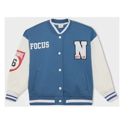 DEFACTO Girls Printed College Collar Snap Closure Thick Soft Furry Bomber Cardigan