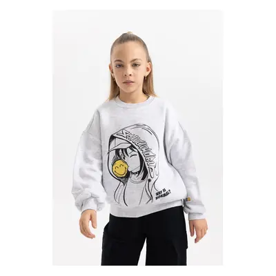 DEFACTO Girls Smileyworld Oversize Wide Pattern Crew Neck Soft Furry Thick Sweatshirt