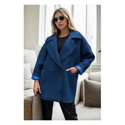 50406 Dewberry Herringbone Oversize Women Coat-BLUE