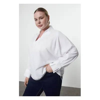 Trendyol Curve White Basic Long Sleeve Elastic Back Woven Plus Size Blouse