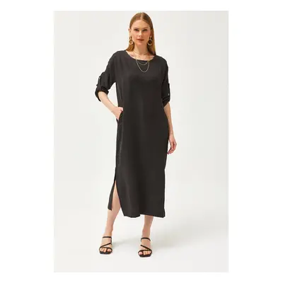 Olalook Women's Black Pocket Slit Linen Content Loose Dress