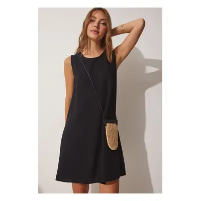 Happiness İstanbul Women's Black Summer Linen Viscose A-Line Dress