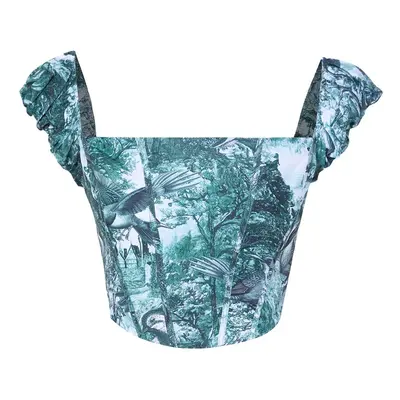 Trendyol Green-Multicolored Crop Lined Corset Detailed Floral Patterned Woven Poplin Bustier