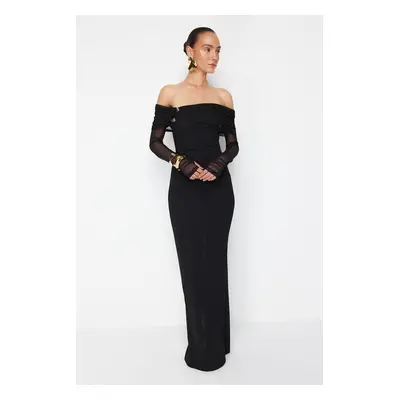 Trendyol X Zeynep Tosun Black Knitting Accessories and Gloves Detailed Long Evening Dress & Grad