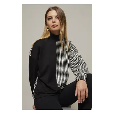 Cool & Sexy Women's Black-White Half Turtle Houndstooth Pattern Blouse