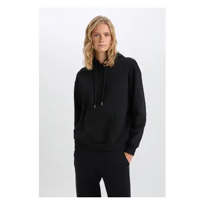 DEFACTO Relax Fit Hooded Kangaroo Pocket Thick Casual Basic Plain Black Sweatshirt