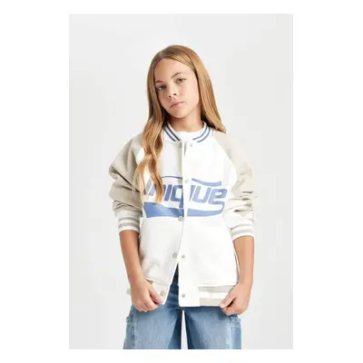 DEFACTO Girls College Collar Snap Pocket Printed Thick Furry Seasonal Bomber Jacket D2626a824au