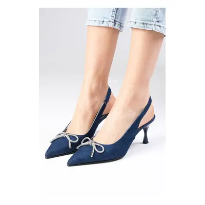 Mio Gusto Alexis Navy Blue Color Denim Fabric Open Back Stone Bow Women Heeled Shoes