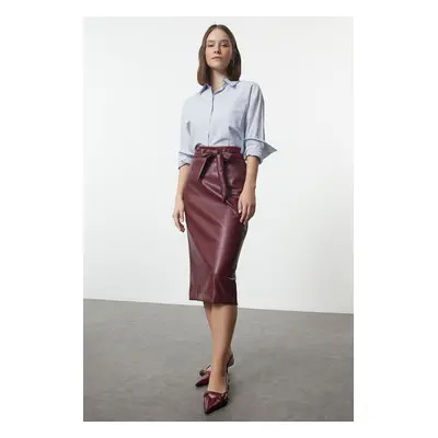 Trendyol Burgundy Leather Slit Detailed Belted Woven Skirt