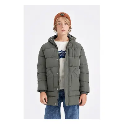 DEFACTO Boy's Water Repellent Hooded Zippered Snap Closure Pocket Puffer Parka