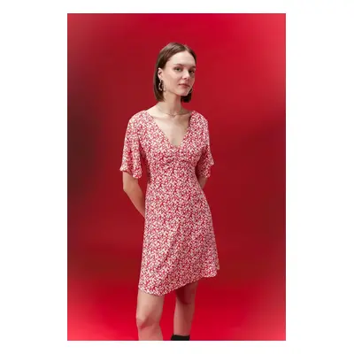 DEFACTO V-Neck Floral Moroccan Mini Short Sleeve Red Dress