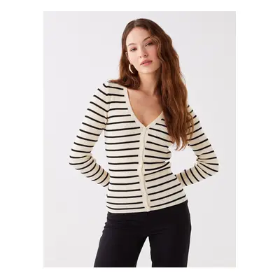 LC Waikiki V-Neck Striped Long Sleeve Women's Knitwear Cardigan